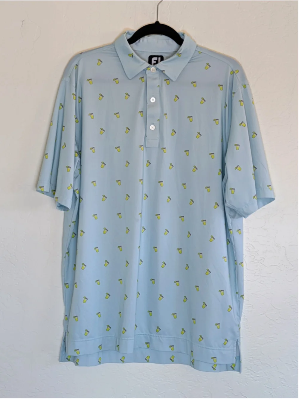 FootJoy Golf Polo Shirt L Blue Cocktail Drink Print Performance Stretch